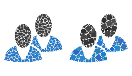Mosaic Men icons organized from spheric and square elements in different sizes, positions and proportions. Vector spheric and square elements are united into abstract puzzle men icons.のイラスト素材