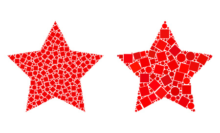 Collage Red star icons designed from circle and square items in variable sizes, positions and proportions. Vector spheric and square items are combined into abstract composition red star icons.のイラスト素材