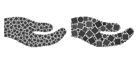 Collage Human hand icons united from circle and square elements in different sizes, positions and proportions. Vector circle and square elements are organized into abstract puzzle human hand icons.のイラスト素材