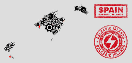 Composition of mosaic power supply Balearic Islands map and grunge stamp seals. Mosaic vector Balearic Islands map is created with service and electricity symbols. Black and red colors used.のイラスト素材