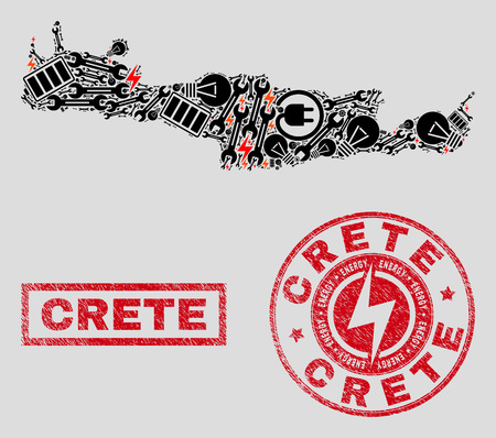 Composition of mosaic power supply Crete map and grunge watermarks. Mosaic vector Crete map is created with workshop and lamp symbols. Black and red colors used. Templates for power supply business.のイラスト素材