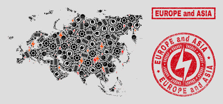 Composition of mosaic power supply Europe and Asia map and grunge stamps. Collage vector Europe and Asia map is composed with gear and power symbols. Black and red colors used.のイラスト素材
