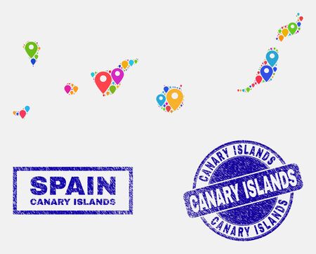 Vector bright mosaic Canary Islands map and grunge stamp seals. Abstract Canary Islands map is created from randomized bright site locations. Stamp seals are blue, with rectangle and rounded shapes.のイラスト素材