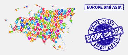 Vector colorful mosaic Europe and Asia map and grunge seals. Abstract Europe and Asia map is composed from random colorful site positions. Seals are blue, with rectangle and round shapes.のイラスト素材
