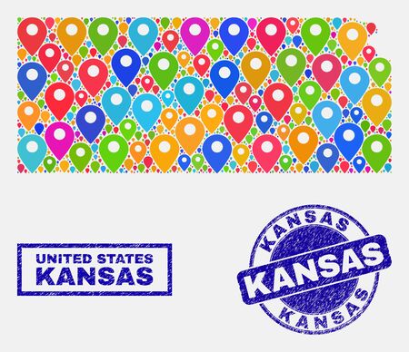 Vector bright mosaic Kansas State map and grunge stamp seals. Flat Kansas State map is created from random bright map icons. Stamp seals are blue, with rectangle and round shapes.のイラスト素材