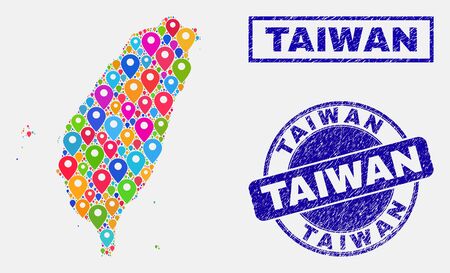 Vector bright mosaic Taiwan map and grunge seals. Abstract Taiwan map is created from randomized bright geo pointers. Stamp seals are blue, with rectangle and rounded shapes.のイラスト素材