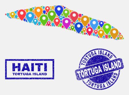 Vector colorful mosaic Tortuga Island of Haiti map and grunge stamps. Abstract Tortuga Island of Haiti map is composed from randomized colorful geo markers. Stamp seals are blue,のイラスト素材