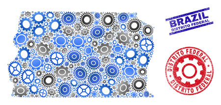 Cog vector Brazil Distrito Federal map composition and stamps. Abstract Brazil Distrito Federal map is created of gradient random gear wheels. Engineering territory scheme in gray and blue colors,のイラスト素材