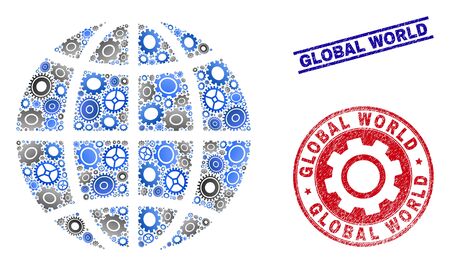 Mechanics vector planet globe collage and seals. Abstract planet globe is done with gradient scattered gearwheels. Engineering territory scheme in gray and blue colors,のイラスト素材