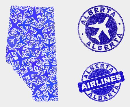 Aircraft vector Alberta Province map mosaic and scratched watermarks. Abstract Alberta Province map is formed with blue flat randomized aircraft symbols and map markers. Delivery plan in blue colors,のイラスト素材