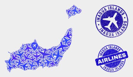 Air plane vector Inagua Islands map mosaic and grunge seals. Abstract Inagua Islands map is constructed of blue flat random air plane symbols and map pointers. Transport scheme in blue colors,のイラスト素材