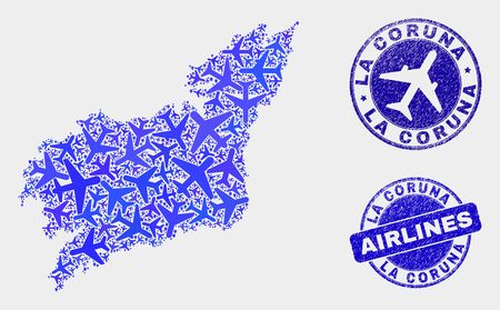 Airline vector La Coruna Province map composition and scratched seals. Abstract La Coruna Province map is constructed with blue flat randomized aviation symbols and map markers.のイラスト素材