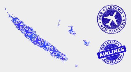 Air plane vector New Caledonia Islands map collage and scratched stamps. Abstract New Caledonia Islands map is formed with blue flat randomized air plane symbols and map pointers.のイラスト素材