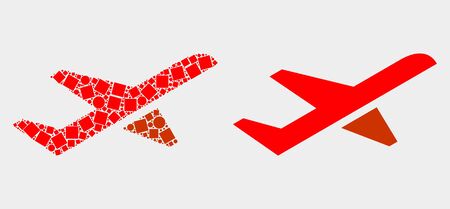 Pixel and flat airplane takeoff icons. Vector mosaic of airplane takeoff combined of random square elements and circle elements.のイラスト素材
