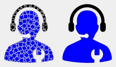 Pixel and flat call center serviceman icons. Vector mosaic of call center serviceman designed of irregular square elements and spheric elements.のイラスト素材