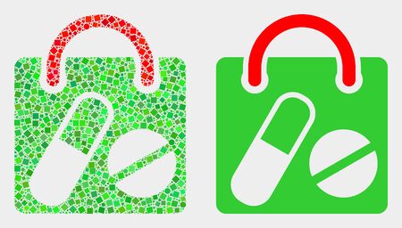 Dotted and flat drugs shopping bag icons. Vector mosaic of drugs shopping bag composed of irregular square elements and spheric elements.のイラスト素材