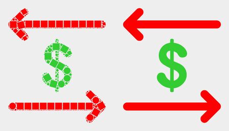 Dotted and flat dollar exchange arrows icons. Vector mosaic of dollar exchange arrows created of irregular rectangle elements and circle elements.のイラスト素材