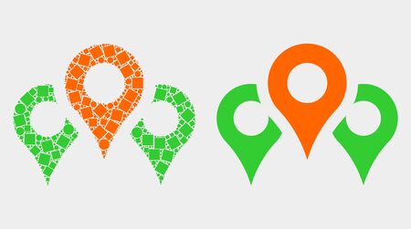 Dotted and flat map markers icons. Vector mosaic of map markers designed of randomized rectangle elements and spheric items.のイラスト素材