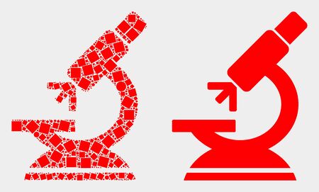 Dot and flat microscope icons. Vector mosaic of microscope combined of scattered square dots and round dots.のイラスト素材