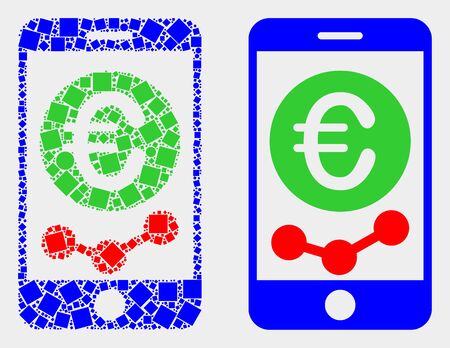 Dot and flat mobile euro chart icons. Vector mosaic of mobile euro chart composed of irregular square pixels and round pixels.のイラスト素材