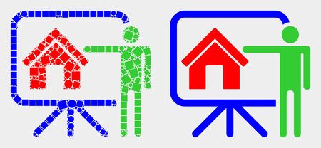 Dot and flat public report icons. Vector mosaic of realtor public report formed of random square dots and round pixels.のイラスト素材