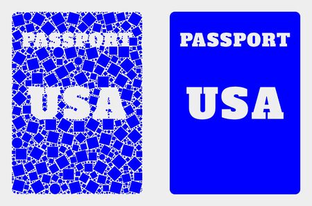 Dotted and flat USA passport icons. Vector mosaic of USA passport formed of random square dots and round dots.のイラスト素材
