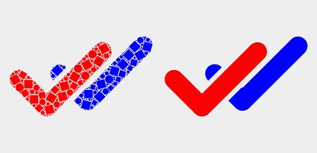 Pixel and flat valid ticks icons. Vector mosaic of valid ticks designed of randomized small rectangles and spheric dots.のイラスト素材