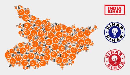 Light lamp mosaic Bihar State map and grunge rounded seals. Mosaic vector Bihar State map is created with electric lamp symbols. Templates for electric business. Orange and red colors used.のイラスト素材