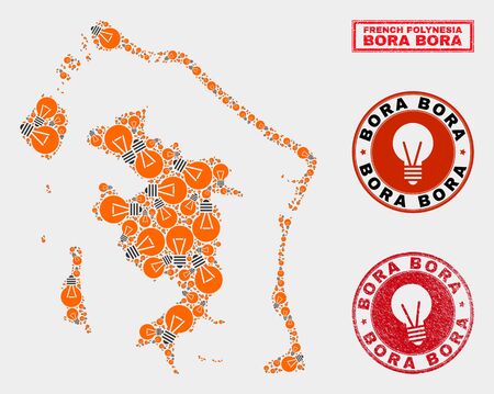 Energy bulb mosaic Bora-Bora map and grunge rounded seals. Mosaic vector Bora-Bora map is composed with electric bulb items. Abstraction for power supply services. Orange and red colors used.のイラスト素材