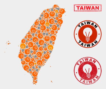 Electrical lamp mosaic Taiwan map and rubber round seals. Mosaic vector Taiwan map is created with electrical lamp items. Concept for innovation business. Orange and red colors used.のイラスト素材