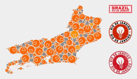 Power lamp mosaic Rio de Janeiro State map and rubber rounded seals. Mosaic vector Rio de Janeiro State map is created with illumination lamp symbols. Concept for power supply services.のイラスト素材