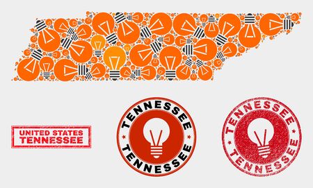 Electric lamp mosaic Tennessee State map and rubber rounded stamps. Mosaic vector Tennessee State map is composed with illumination lamp items. Abstract images for innovation services.のイラスト素材
