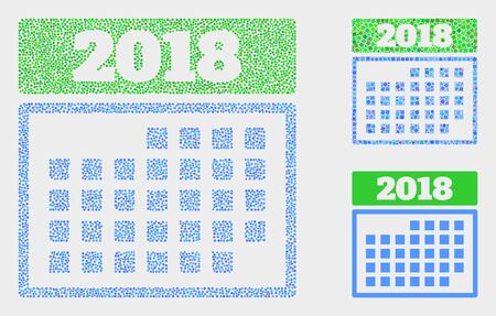 Pixel and mosaic 2018 calendar page icons. Vector icon of 2018 calendar page created of randomized circle items. Other pictogram is created from rectangle elements.のイラスト素材