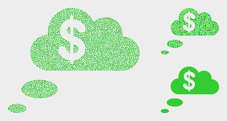 Dotted and mosaic financial dream clouds icons. Vector icon of financial dream clouds constructed with scattered spheric elements. Other pictogram is formed from rectangle elements.のイラスト素材