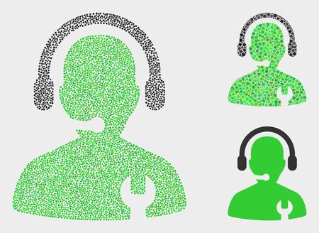 Dot and mosaic repair service operator icons. Vector icon of repair service operator combined of randomized spheric elements. Other pictogram is constructed from elements.のイラスト素材