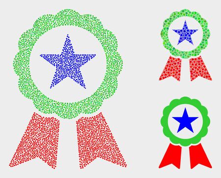 Dotted and mosaic star seal icons. Vector icon of star seal organized of randomized circle elements. Other pictogram is organized from square particles.のイラスト素材