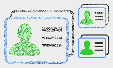 Dotted and mosaic user cards icons. Vector icon of user cards combined of scattered circle pixels. Other pictogram is composed from square dots.のイラスト素材