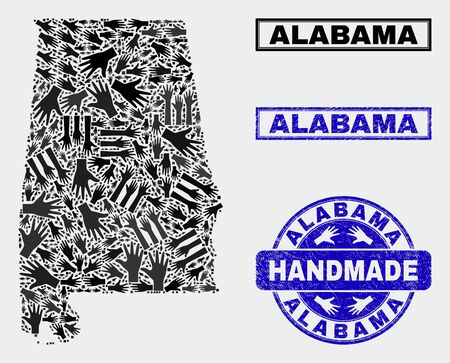Vector handmade composition of Alabama State map and corroded seals. Mosaic Alabama State map is made with scattered hands. Blue stamp imprints with corroded rubber texture.のイラスト素材
