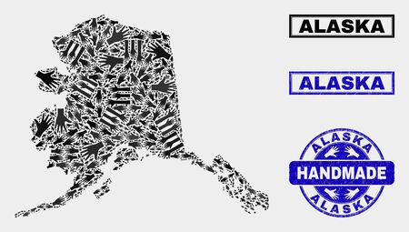 Vector handmade composition of Alaska map and rubber watermarks. Mosaic Alaska map is done with random hands. Blue seals with unclean rubber texture. Flat design for handmade service posters.のイラスト素材