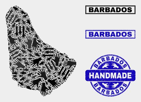Vector handmade collage of Barbados map and grunge stamp seals. Mosaic Barbados map is constructed with randomized hands. Blue stamp imprints with corroded rubber texture.のイラスト素材
