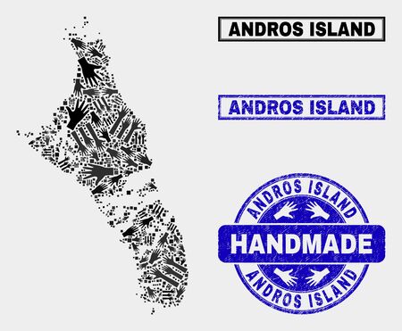 Vector handmade collage of Andros Island of Bahamas map and rubber stamp seals. Mosaic Andros Island of Bahamas map is constructed from random hands. Blue stamp imprints with distress rubber texture.のイラスト素材