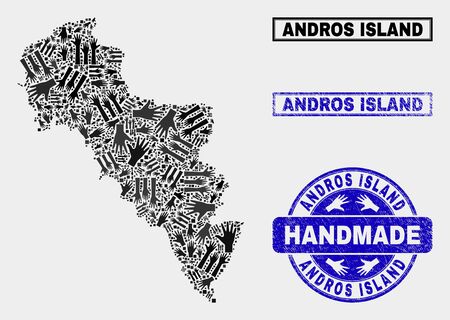 Vector handmade composition of Andros Island of Greece map and corroded stamp seals. Mosaic Andros Island of Greece map is done of random hands. Blue seals with unclean rubber texture.のイラスト素材
