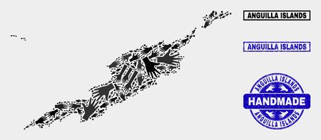 Vector handmade composition of Anguilla Islands map and corroded seals. Mosaic Anguilla Islands map is designed of scattered hands. Blue watermarks with corroded rubber texture.のイラスト素材