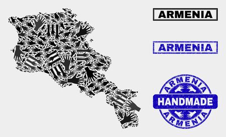 Vector handmade collage of Armenia map and grunge seals. Mosaic Armenia map is formed of randomized hands. Blue seals with grunge rubber texture. Flat illustration for hand made marketing templates.のイラスト素材