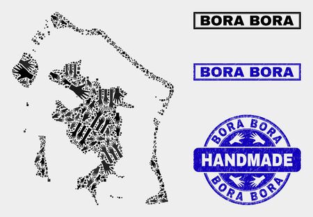 Vector handmade combination of Bora-Bora map and rubber stamps. Mosaic Bora-Bora map is designed of random hands. Blue stamp imprints with distress rubber texture.のイラスト素材