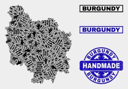Vector handmade collage of Burgundy Province map and unclean watermarks. Mosaic Burgundy Province map is made with random hands. Blue seals with unclean rubber texture.のイラスト素材
