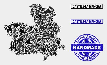 Vector handmade collage of Castile-La Mancha Province map and rubber seals. Mosaic Castile-La Mancha Province map is formed with scattered hands. Blue seals with grunge rubber texture.のイラスト素材