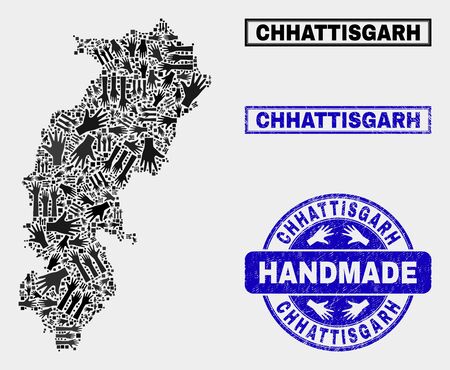 Vector handmade composition of Chhattisgarh State map and rubber stamp seals. Mosaic Chhattisgarh State map is formed with random hands. Blue seals with grunge rubber texture.のイラスト素材