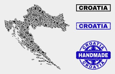 Vector handmade composition of Croatia map and grunge watermarks. Mosaic Croatia map is composed with scattered hands. Blue watermarks with grunge rubber texture.のイラスト素材