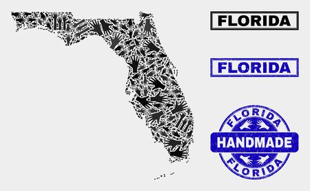 Vector handmade composition of Florida State map and rubber stamp seals. Mosaic Florida State map is composed of random hands. Blue stamp imprints with grunge rubber texture.のイラスト素材